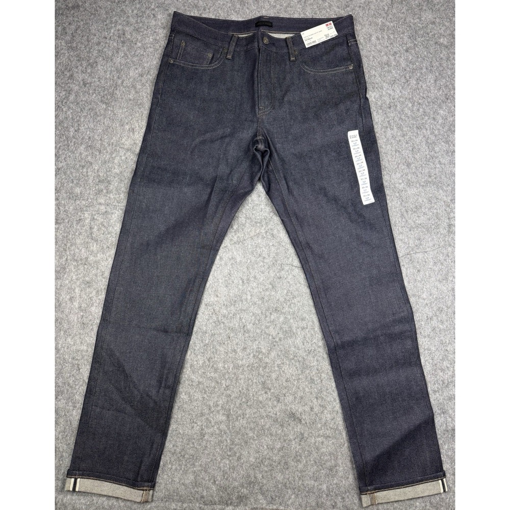 Uniqlo Jeans NWT Men's 33x34 Slim Straight Selvedge Dark Indigo Blue Denim